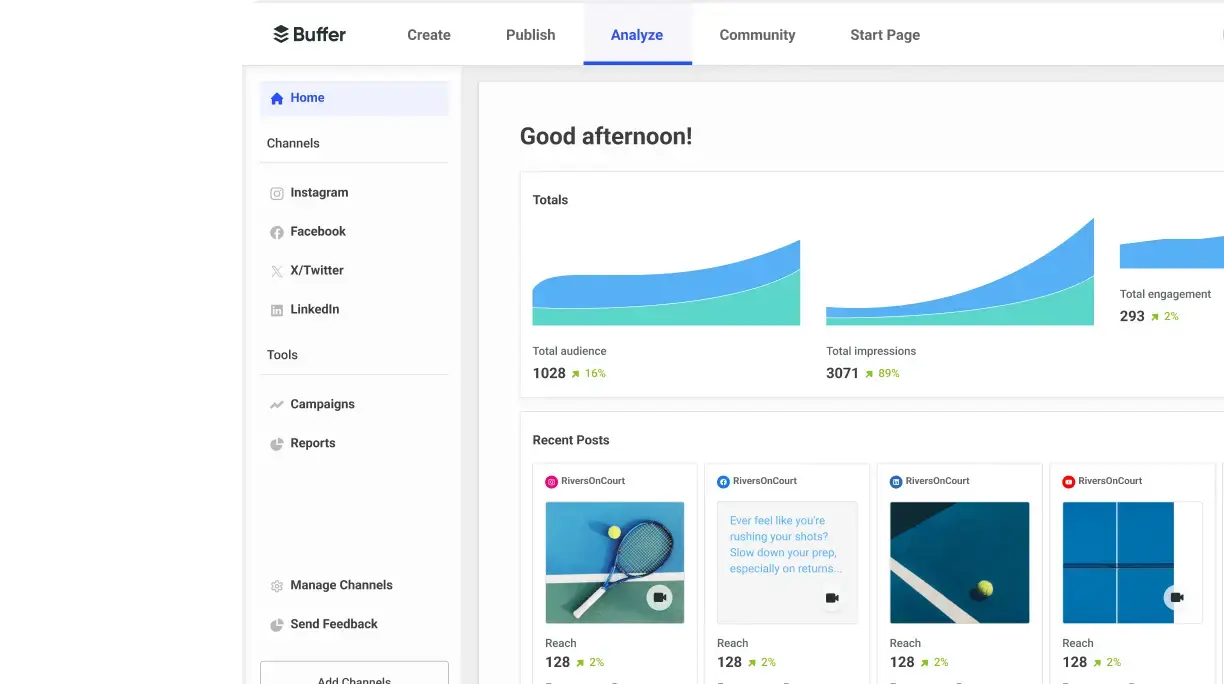 Buffer Analyze space with engagement metrics for recent posts across multiple social media accounts.
