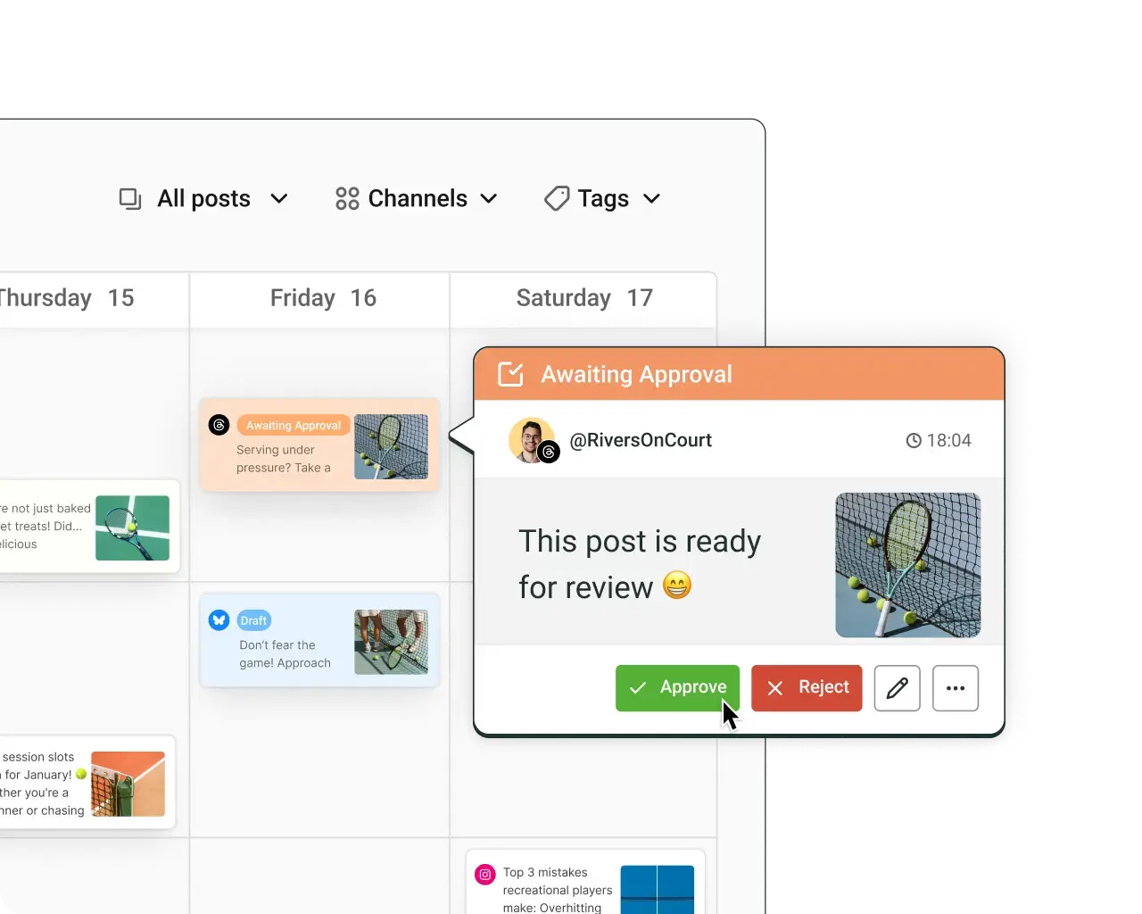 Buffer Collaborate space with a publishing calendar and team approval workflows.